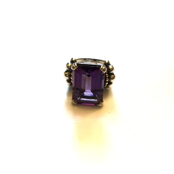 Lagos Glacier Caviar Emerald Cut Amethyst Ring Womens 6 Sterling Silver Gold XL - Picture 4 of 14